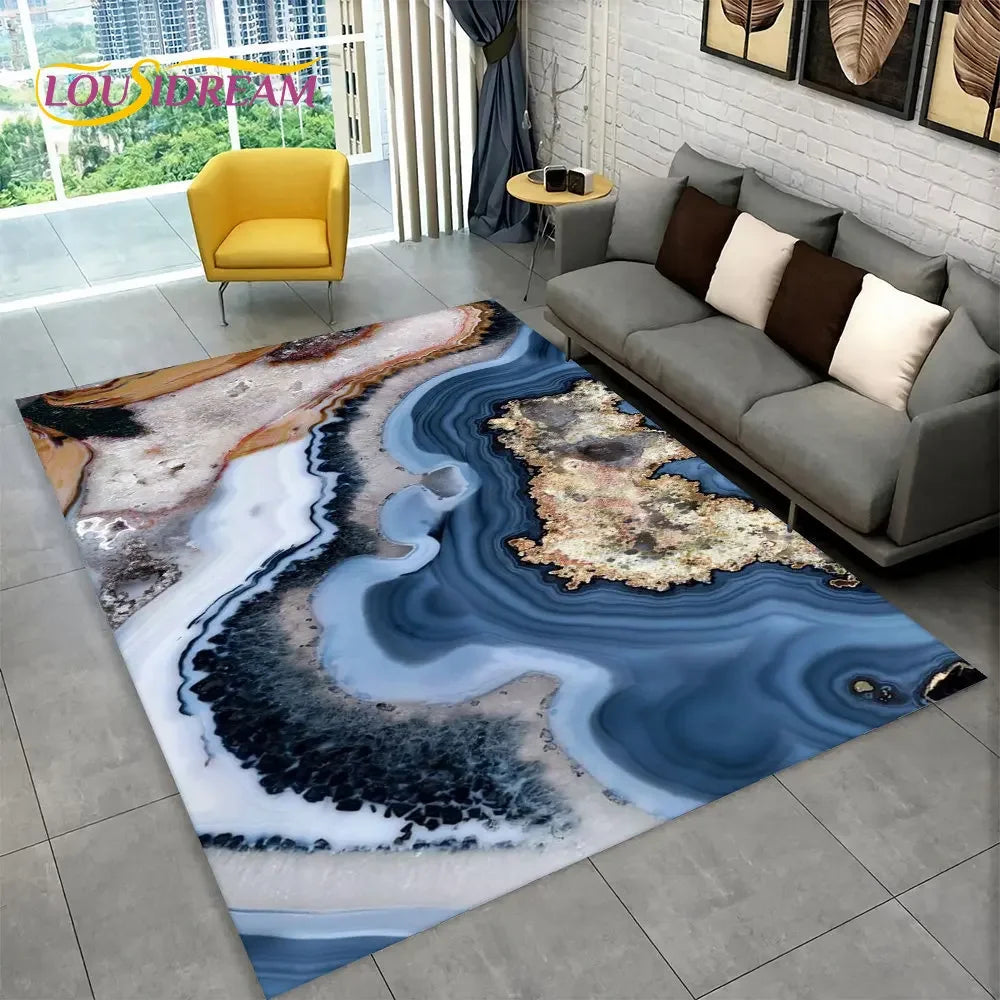 Nordic Marble Area Rug – Blue Gold Non-Slip Soft Carpet for Living Room & Bedroom