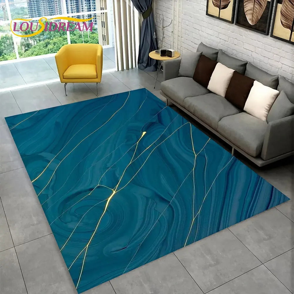 Nordic Marble Area Rug – Blue Gold Non-Slip Soft Carpet for Living Room & Bedroom