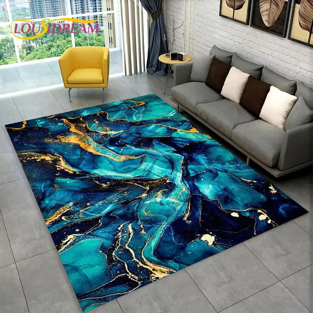 Nordic Marble Area Rug – Blue Gold Non-Slip Soft Carpet for Living Room & Bedroom