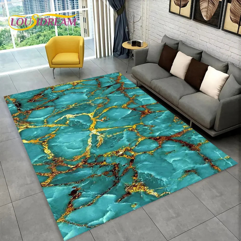 Nordic Marble Area Rug – Blue Gold Non-Slip Soft Carpet for Living Room & Bedroom