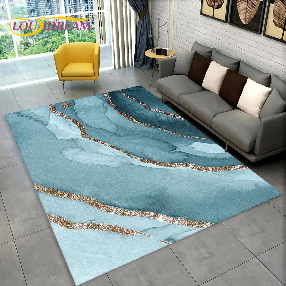 Nordic Marble Area Rug – Blue Gold Non-Slip Soft Carpet for Living Room & Bedroom
