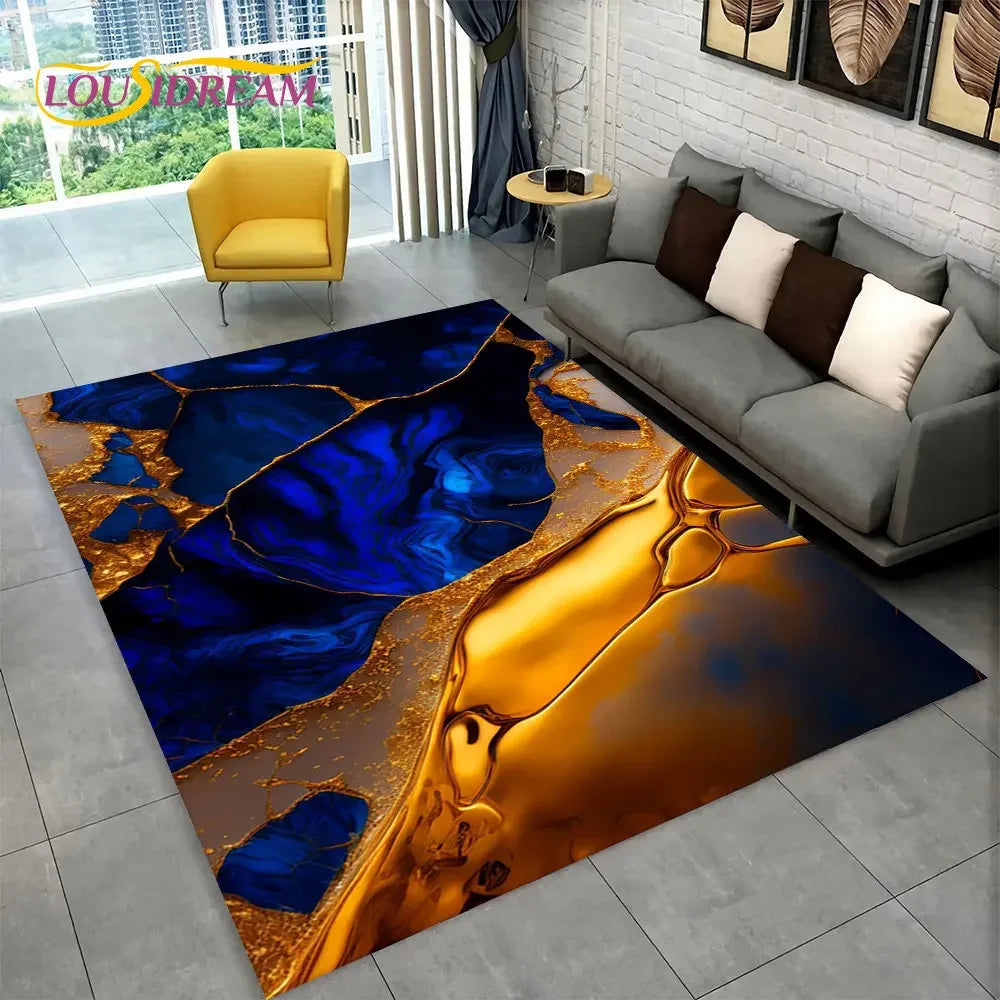 Nordic Marble Area Rug – Blue Gold Non-Slip Soft Carpet for Living Room & Bedroom