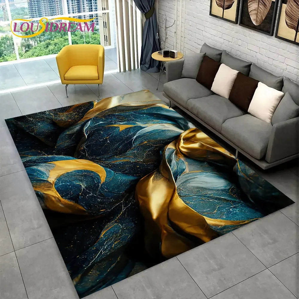 Nordic Marble Area Rug – Blue Gold Non-Slip Soft Carpet for Living Room & Bedroom