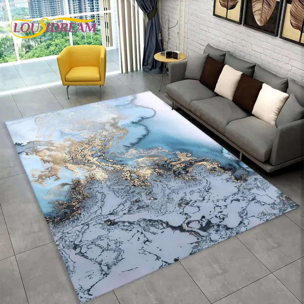 Nordic Marble Area Rug – Blue Gold Non-Slip Soft Carpet for Living Room & Bedroom