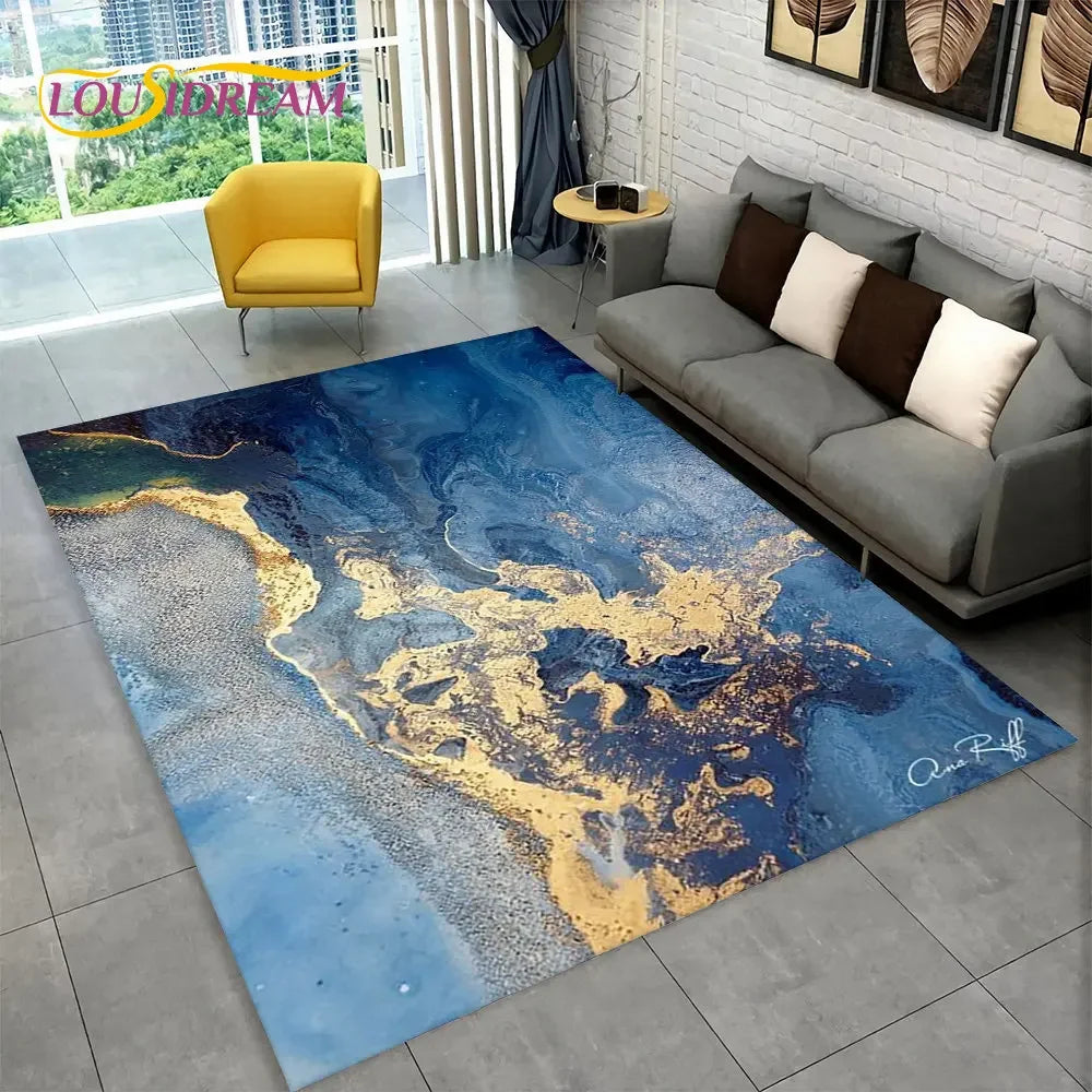 Nordic Marble Area Rug – Blue Gold Non-Slip Soft Carpet for Living Room & Bedroom