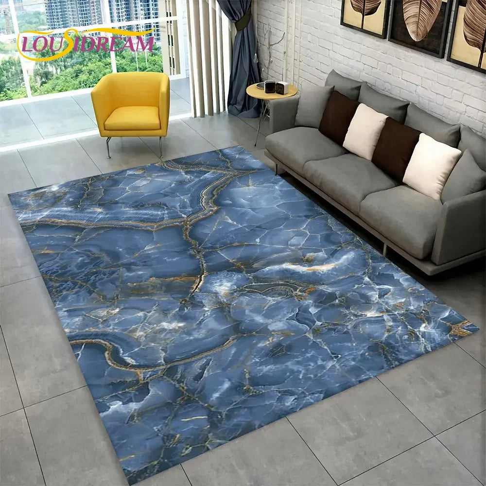 Nordic Marble Area Rug – Blue Gold Non-Slip Soft Carpet for Living Room & Bedroom