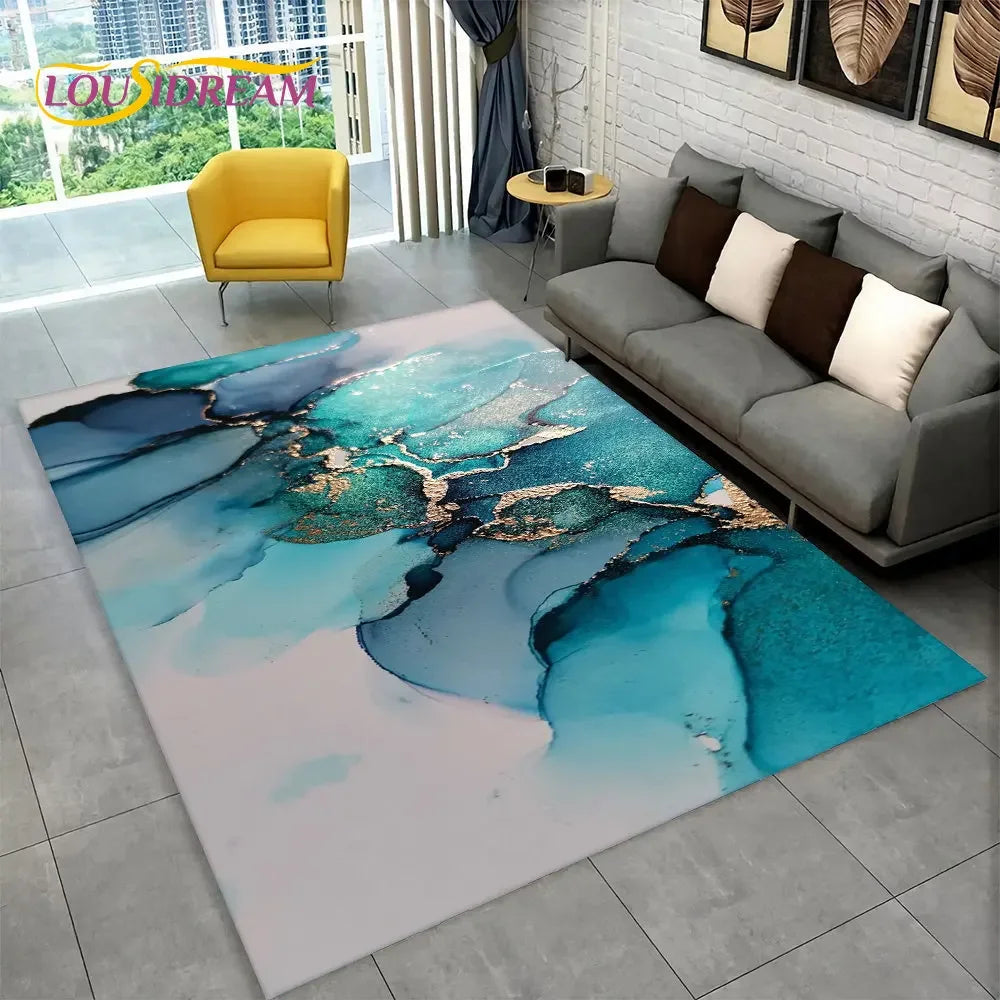 Nordic Marble Area Rug – Blue Gold Non-Slip Soft Carpet for Living Room & Bedroom