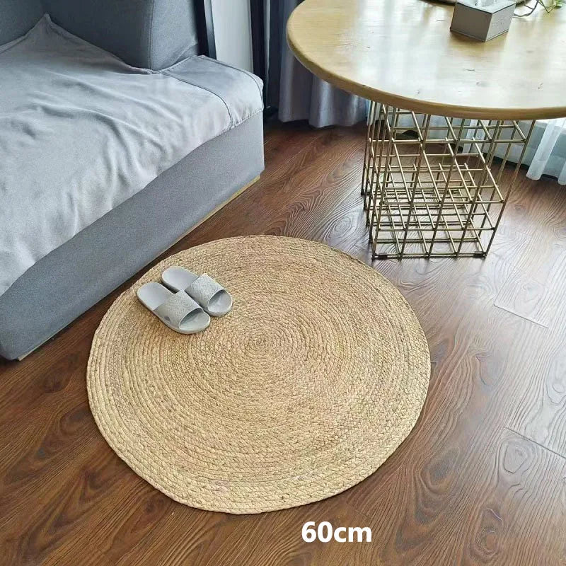 Hand-Woven Bulrush Grass Rug – Natural Small Tea Room Mat for Table & Living Space