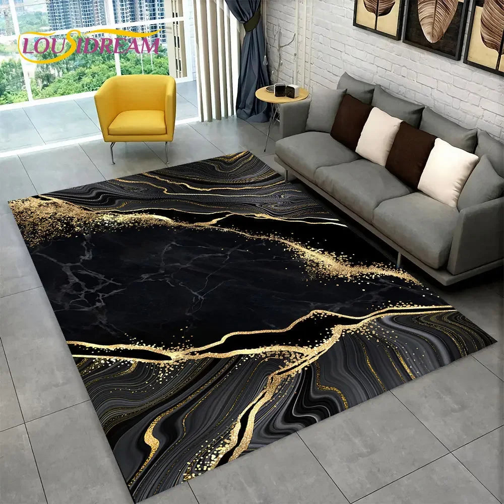 nordic marble area rug blue gold design front view