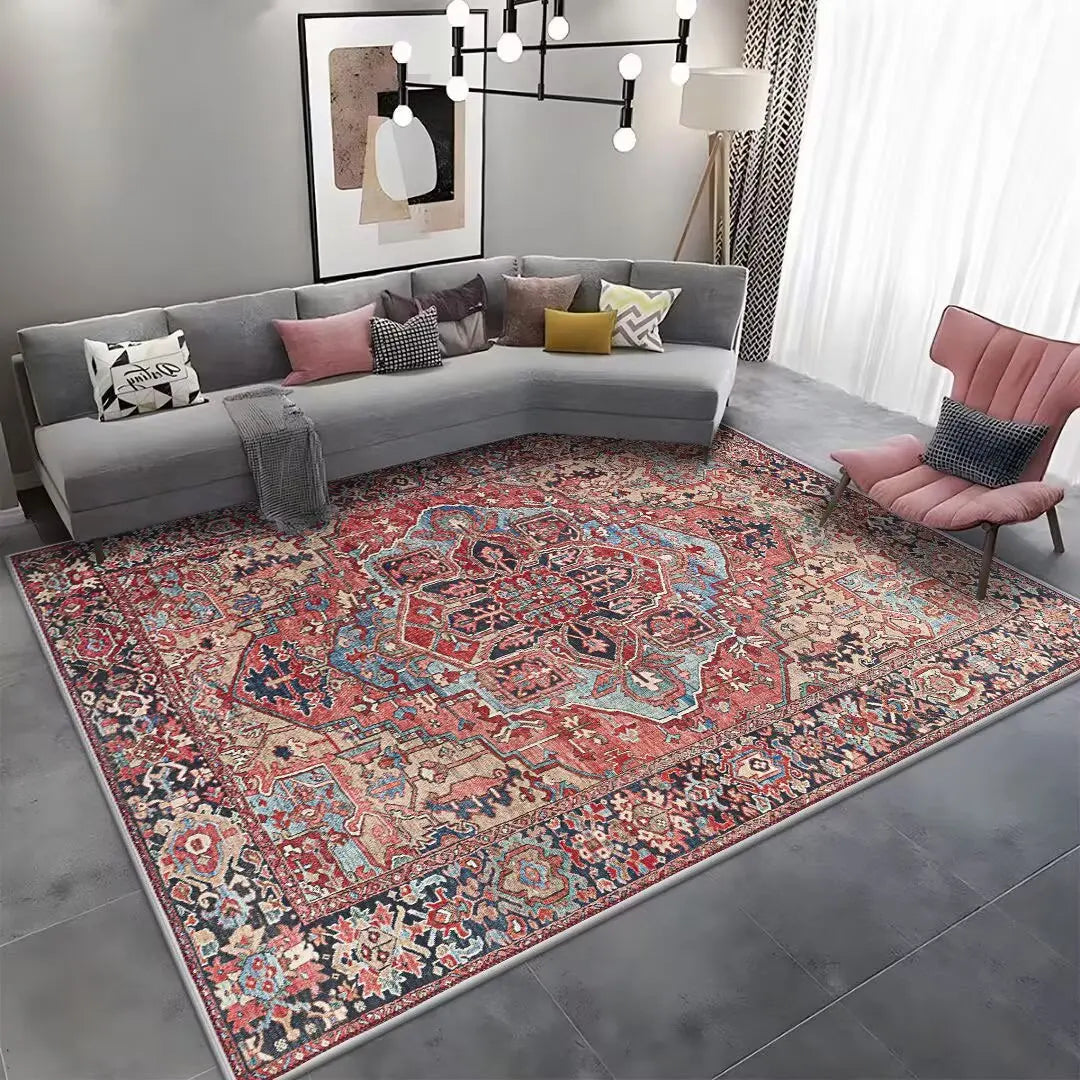 Red Persian Area Rug – Washable Anti-Skid Boho Carpet for Living Room & Bedroom