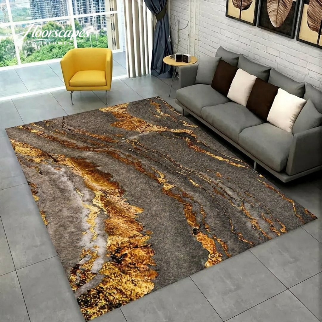 Floorscapes Northwest blue gold marble area rug with modern geometric pattern for living room