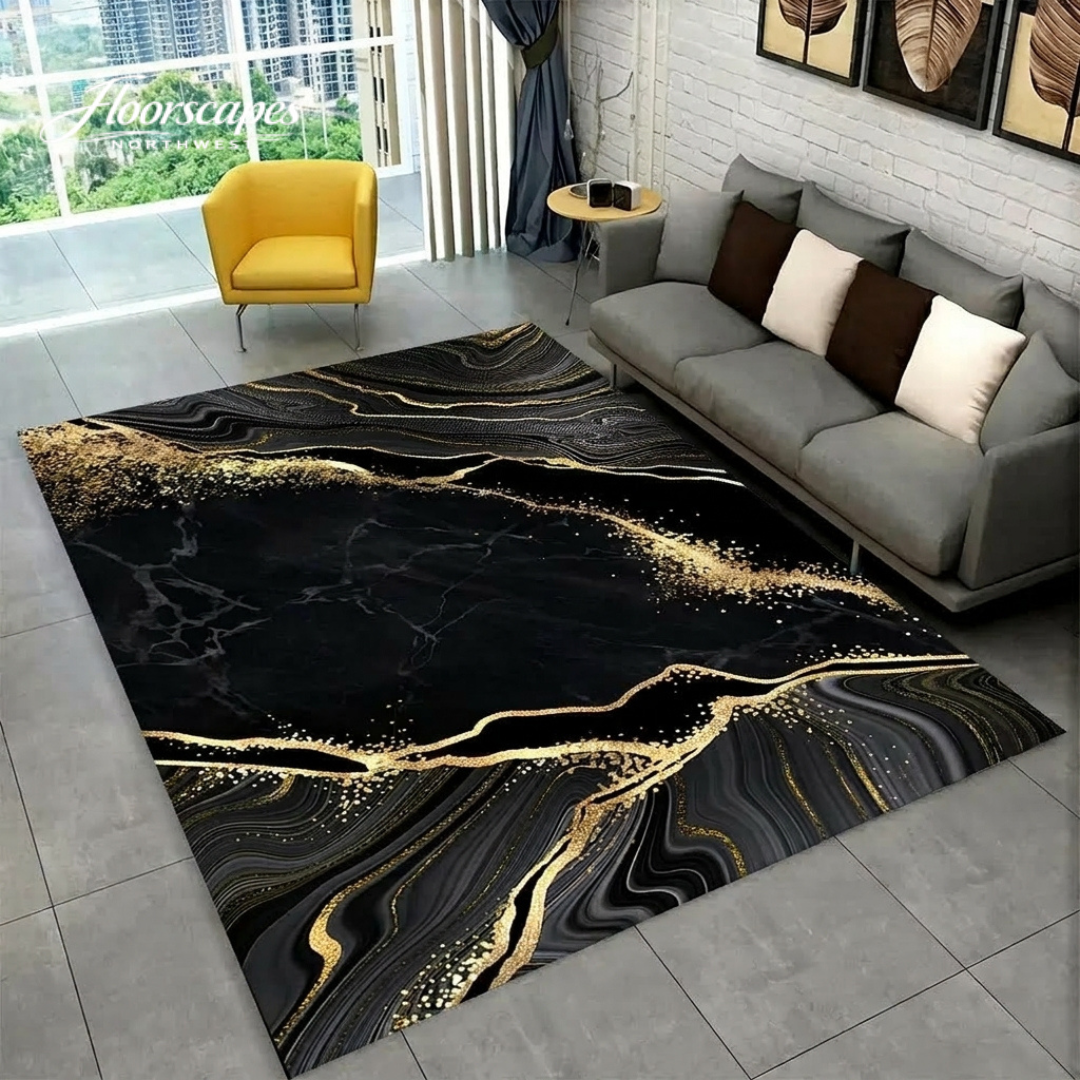 Floorscapes Northwest blue gold marble area rug with modern geometric pattern for living room