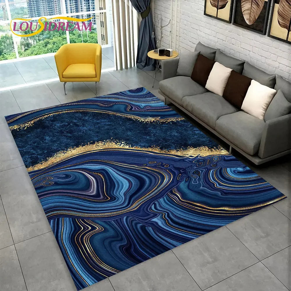 nordic marble area rug blue gold design front view
