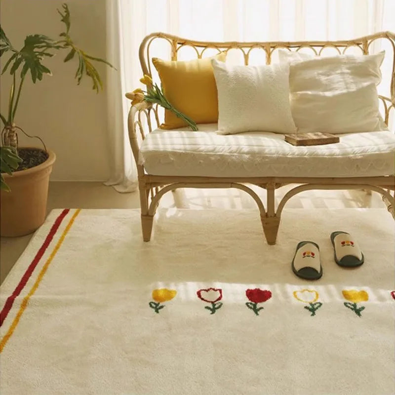 plush bedside area rug next to bed
